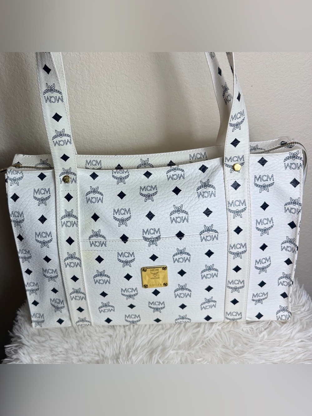MCM Large White Visetos Tote with Navy Logo Print and Gold Hardware